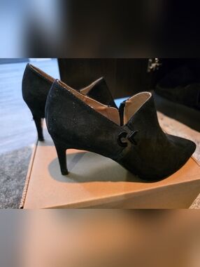 Calvin Klein Black Suede Pointed Heel Booties with CK Accent